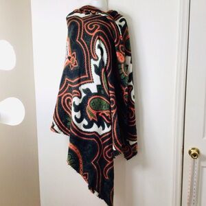 Fringed Paisley Wrap Scarf in Black, Orange & Green Pendleton look wool